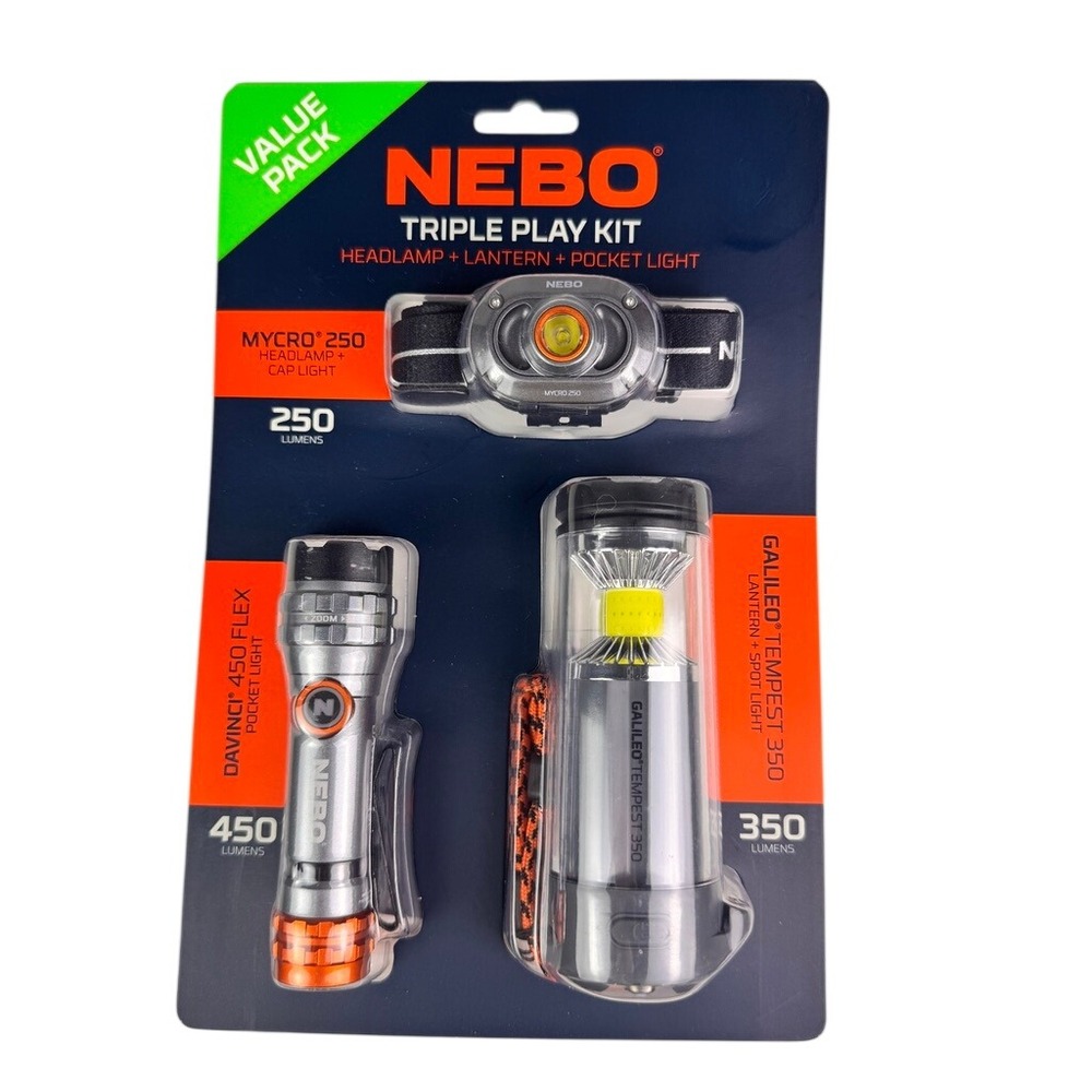 NEBO Triple Play Kit Mycro 250 Headlamp Davinci 450 Flex Galileo Tempest 350 NEW